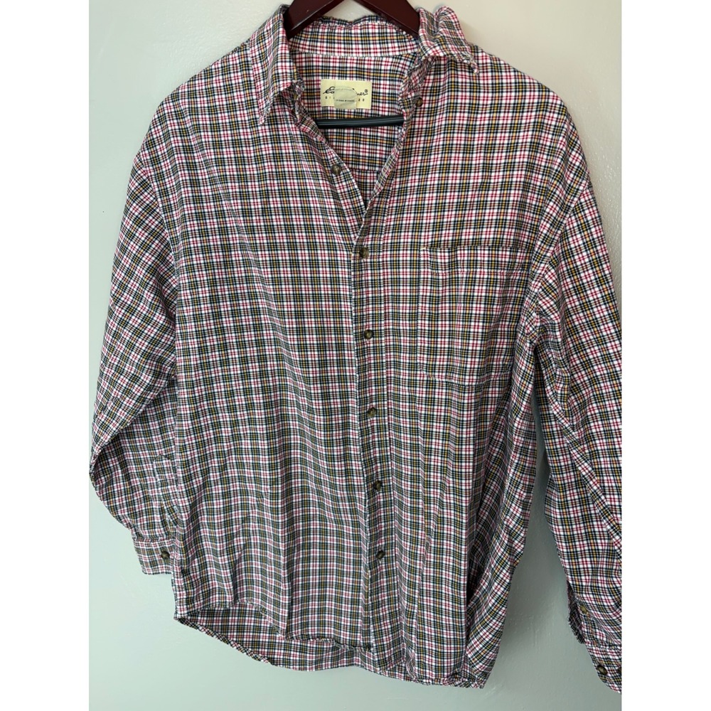 Eddie Bauer Men Small Long Sleeve Plaid Button Down Shirt Red Navy Yellow Cotton